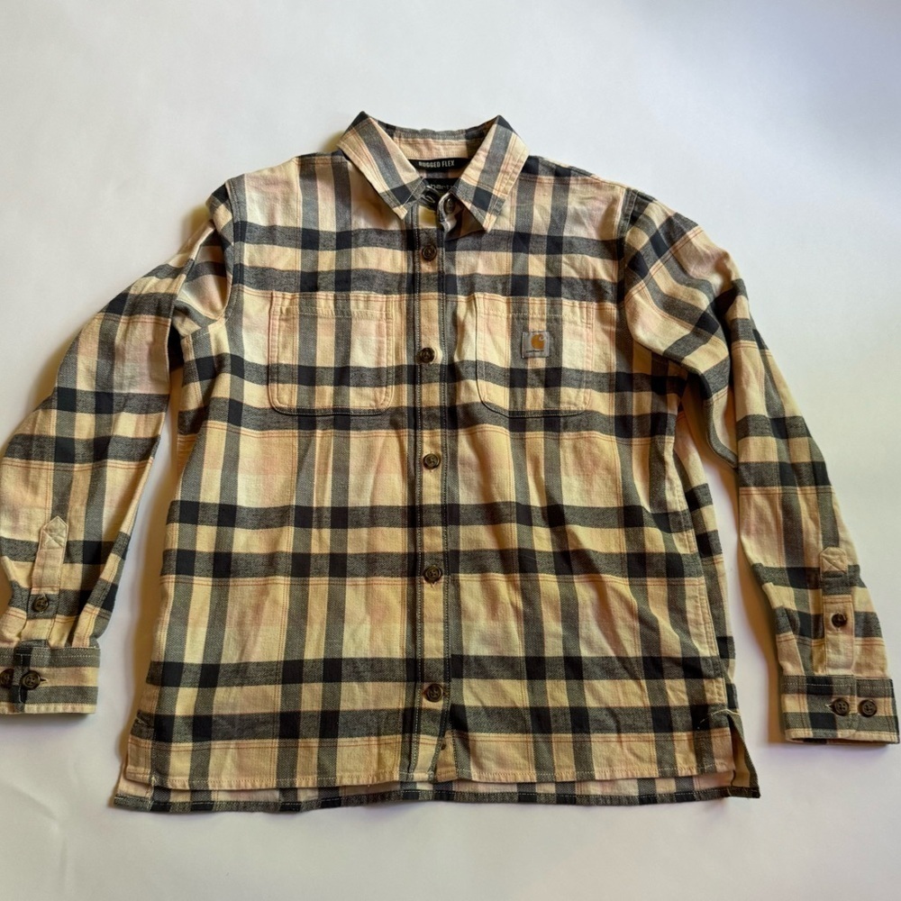 Carhartt Womens Small Plaid Rugged Flex Loose fit Midweight Flannel Shirt Pink